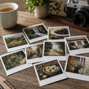Sous-verres DIY en carrelage avec photos Polaroid Instagram imprimées dispersés sur une table en bois rustique