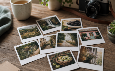Sous-verres DIY en carrelage avec photos Polaroid Instagram imprimées dispersés sur une table en bois rustique