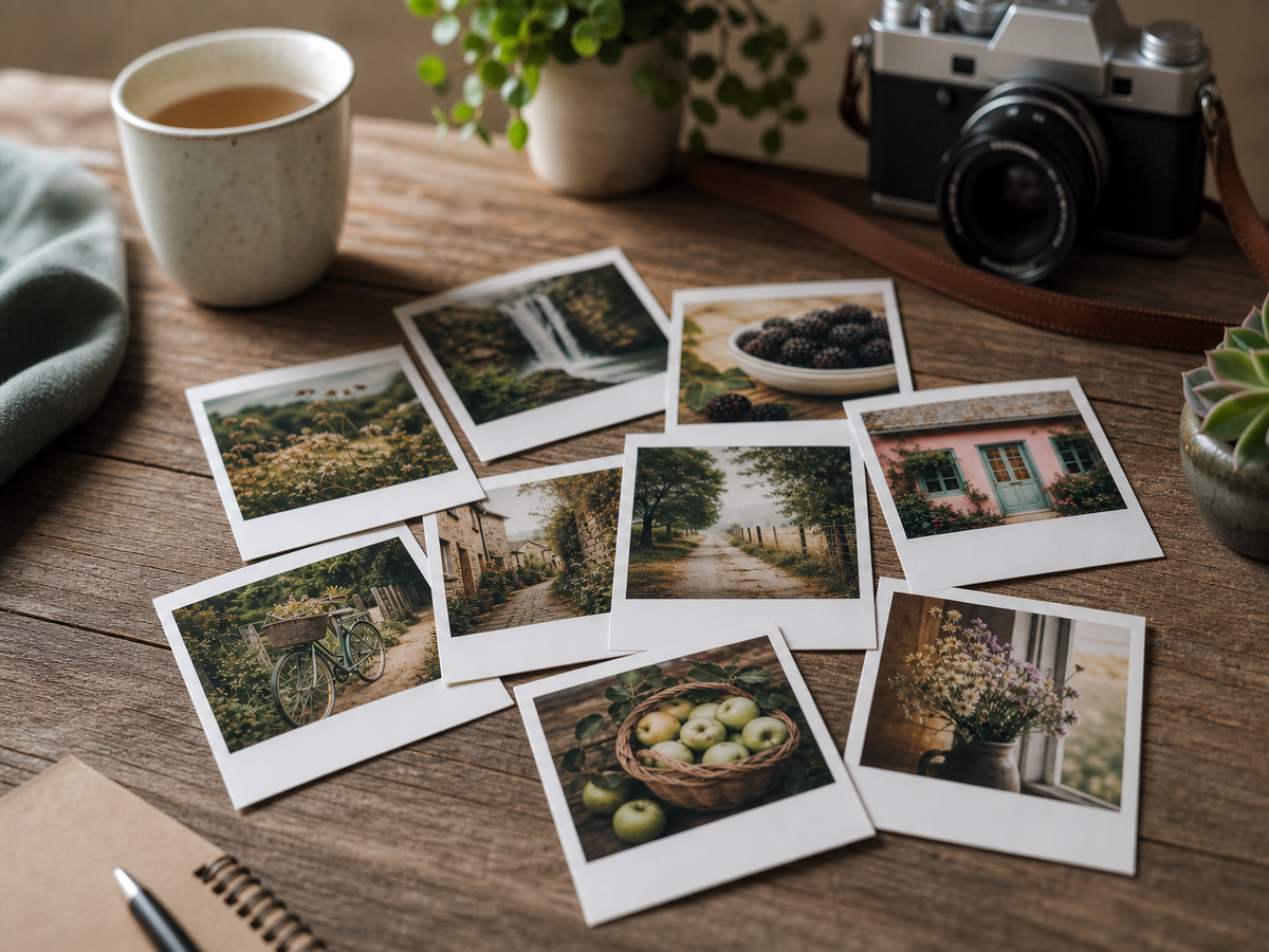 Sous-verres DIY en carrelage avec photos Polaroid Instagram imprimées dispersés sur une table en bois rustique