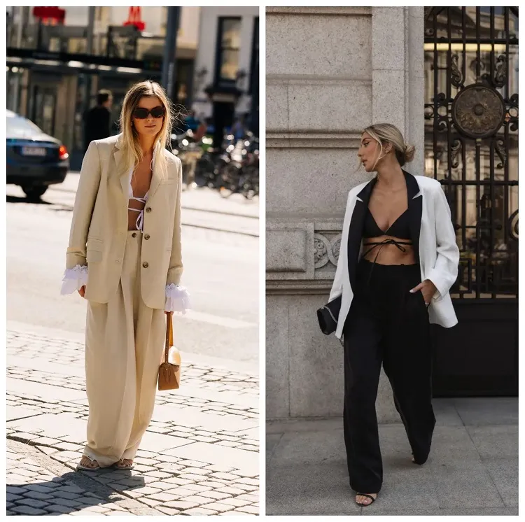 idées tenue femme automne 2023 porter un blazer oversize blanc beige avec lingerie noire crop top