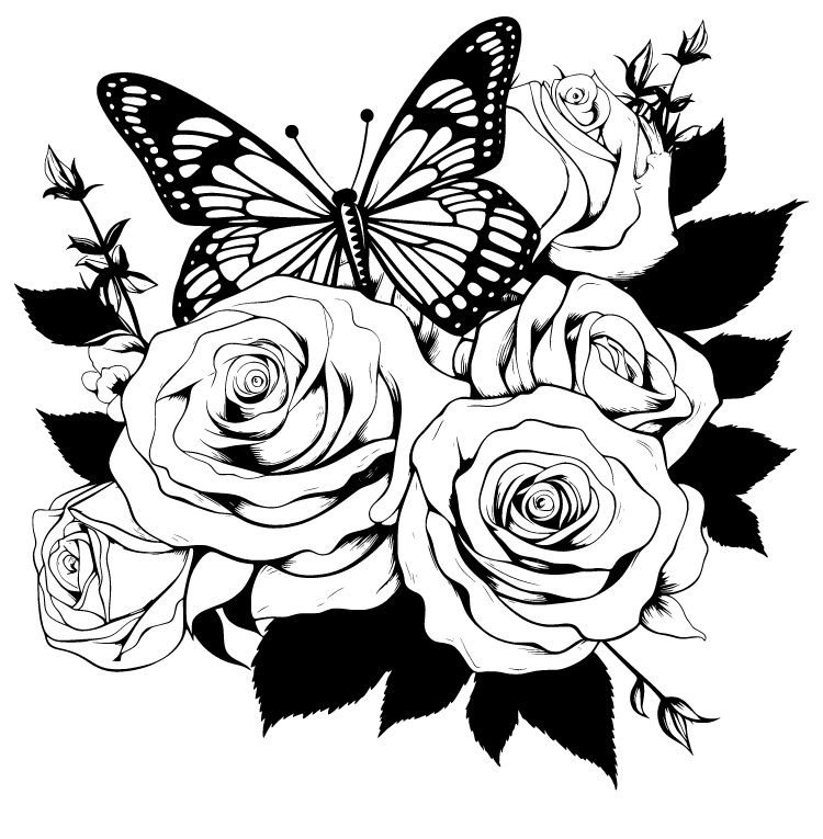 roses à colorier avec une papillon