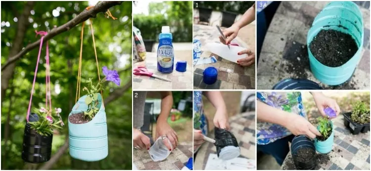 transformez les vieux contenants en plastique bouteilles en jardinières suspendues