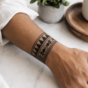 Tatouage tribal géométrique poignet bande bracelet triangles et losanges polynésien