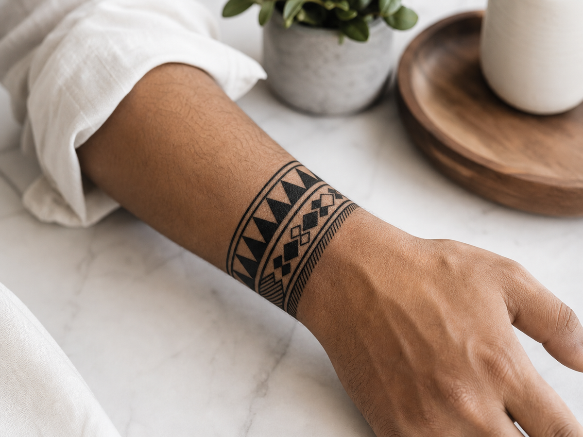 Tatouage tribal géométrique poignet bande bracelet triangles et losanges polynésien