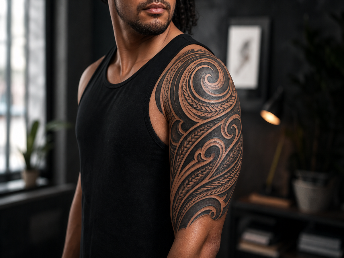 tatouage tribal simple complexe épaule bras homme entrelacs hamecons