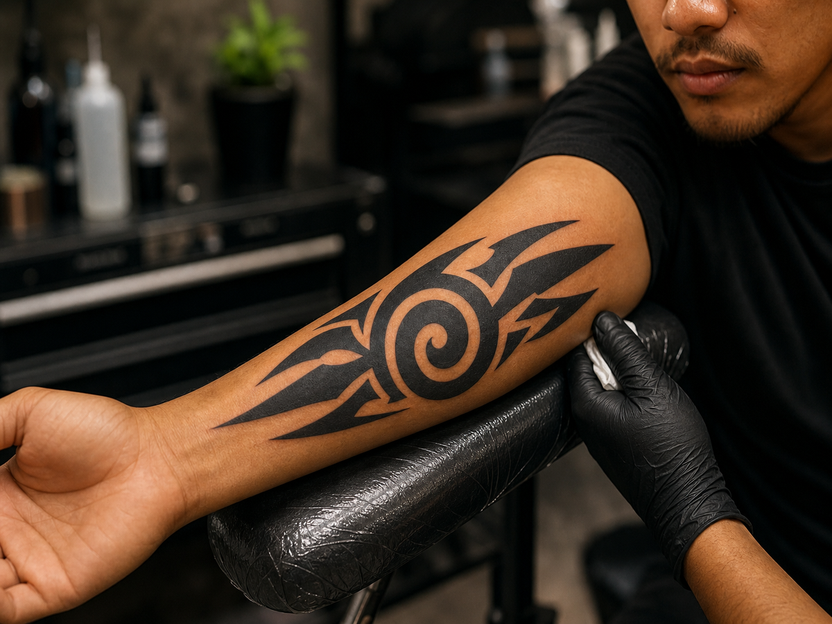 tatouage tribal simple lignes épaisses noires entrelacs symboliques avant bras