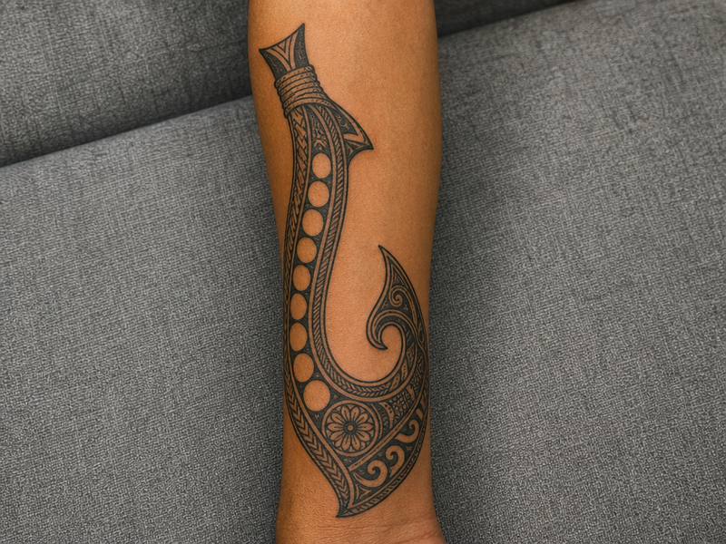 tatouage tribal polynesian simple hameçon te matau motifs répétitifs variés