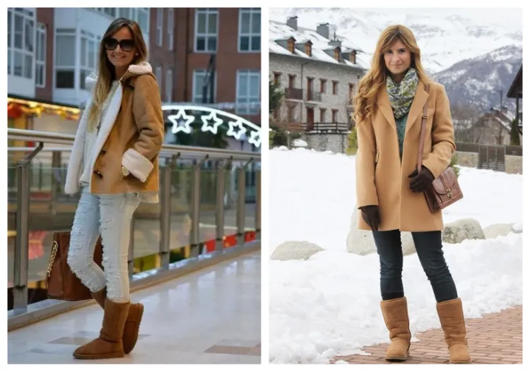 bottines femme avec manteau aux couleurs chaudes comment porter les ugg a 50 ans tendances 2023 mini camel coquette plateforme