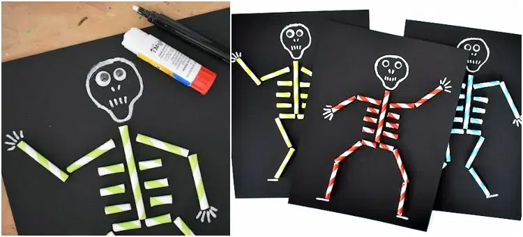 bricolage halloween avec des pailles papier noir drole de squelettes