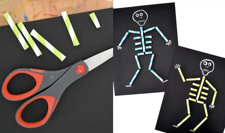 bricolage maternelle halloween avec des pailles papier noir squelettes