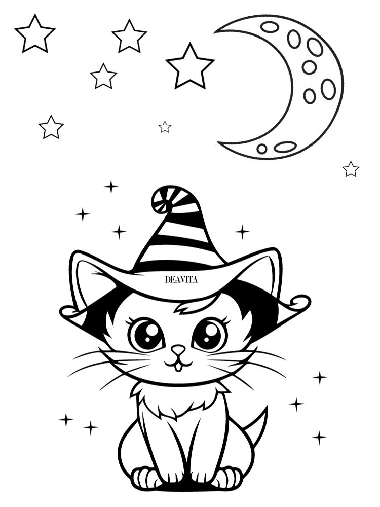 chat avec un chapeau de sorcière étoiles lune
