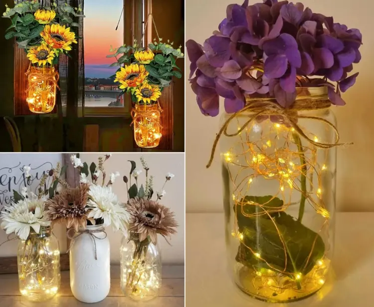 déco automne bocal en verre mason transformé en vase diy guirlande lumineuse bouquet fleurs séchées