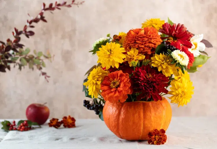 décoration automne facile à faire avec citrouille composition florale
