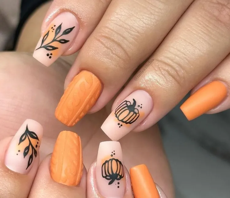 manucure citouille nail art texturé orange