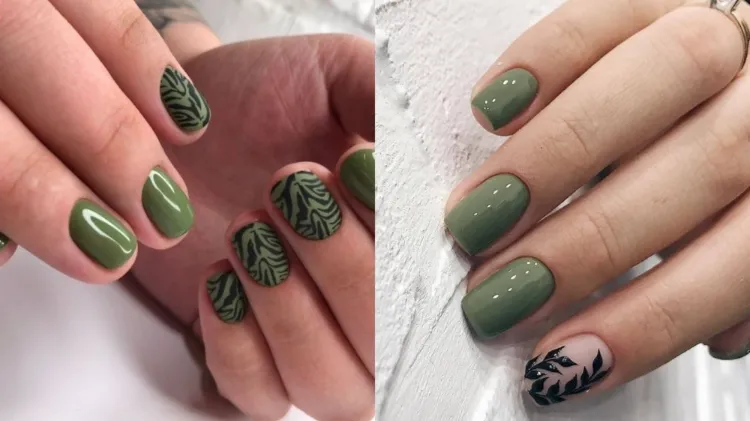 nail art ongles courts tendance automne 2023 vert de gris motifs décoratifs