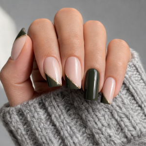 Nail art vert olive et or avec french manucure dorée sur ongles carrés automne hiver 2023-2024