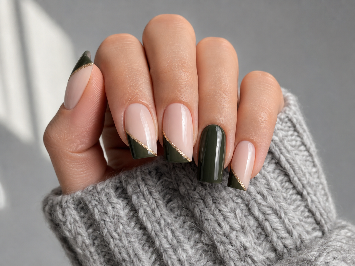 Nail art vert olive et or avec french manucure dorée sur ongles carrés automne hiver 2023-2024
