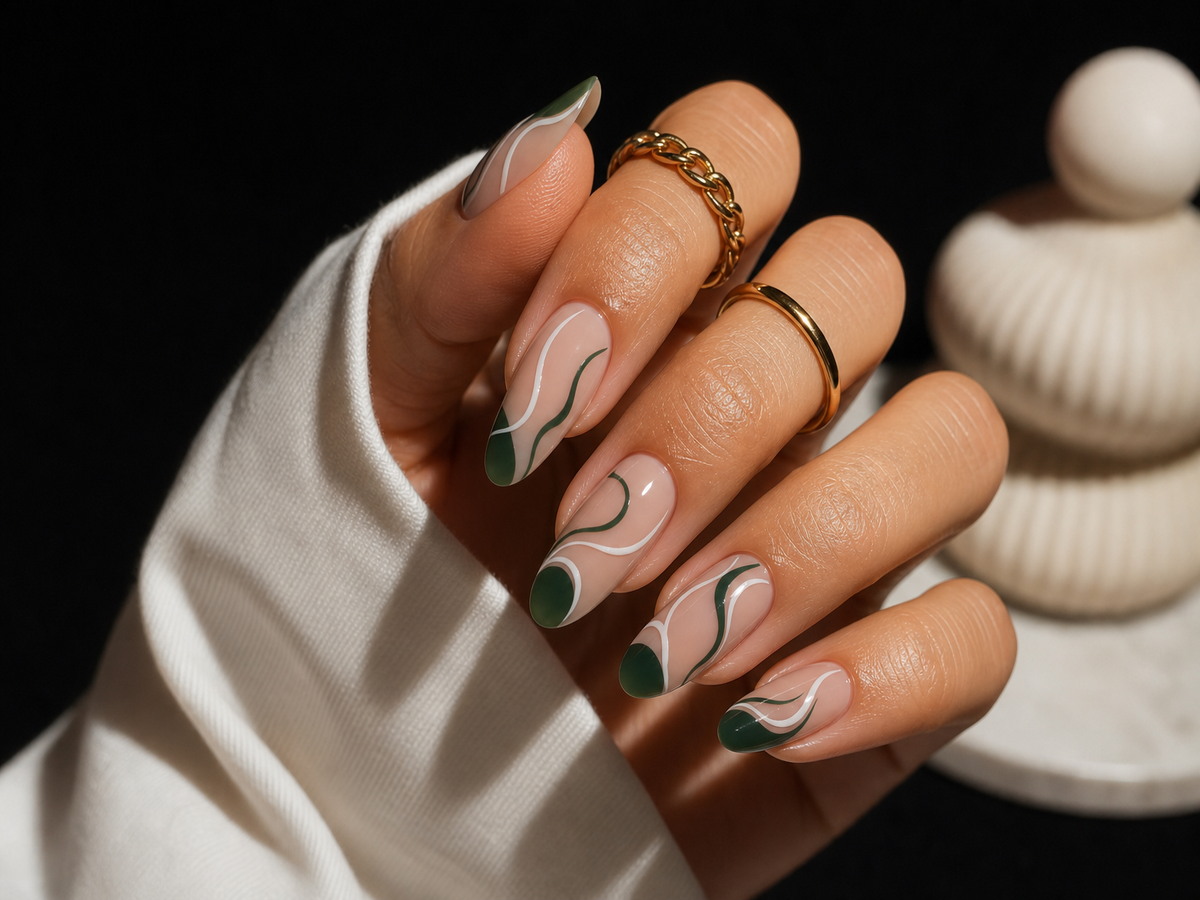 nail art vert et blanc sur ongles en amande swirl nails