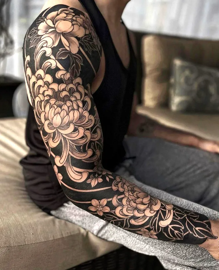 tatouage chrysanthème japonais irezumi remplissage noir 