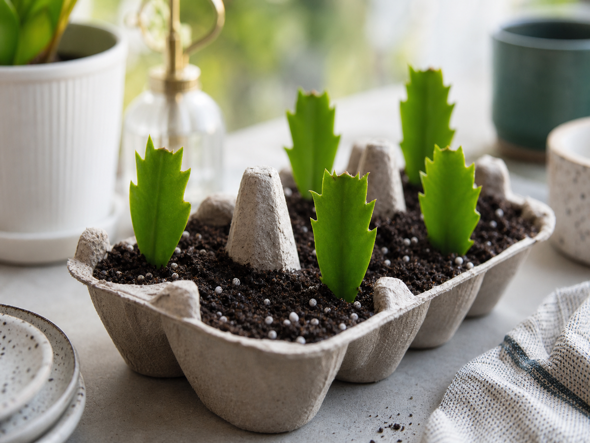 Boutures de cactus de Noël plantées dans des alvéoles de boîte à oeufs en carton recyclé