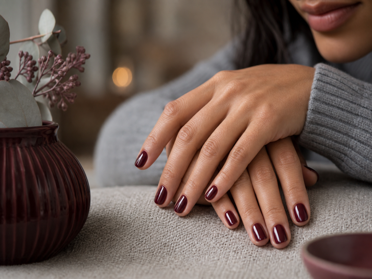 Manucure bordeaux tendance chic, ongles courts arrondis en vernis rouge bordeaux brillant, pull en laine gris-bleu