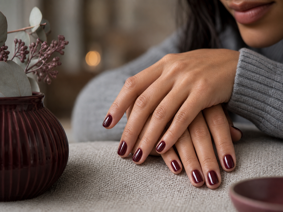 Manucure bordeaux tendance chic, ongles courts arrondis en vernis rouge bordeaux brillant, pull en laine gris-bleu