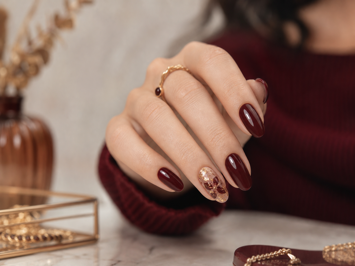 nail art bordeaux et doré ongles courts en amande