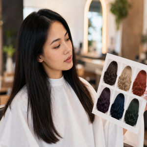 Simulateur de coupe de cheveux en ligne, femme en consultation devant un tableau de simulation de couleurs