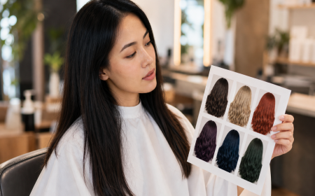 Simulateur de coupe de cheveux en ligne, femme en consultation devant un tableau de simulation de couleurs