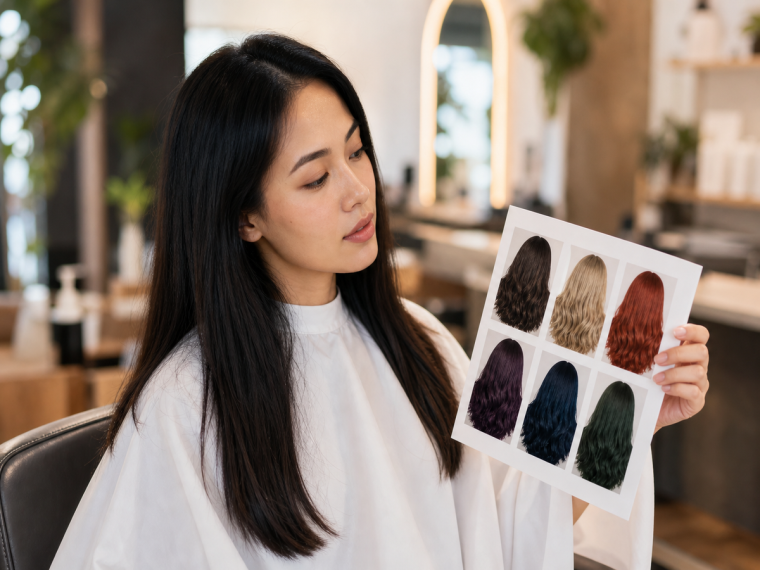 Simulateur de coupe de cheveux en ligne, femme en consultation devant un tableau de simulation de couleurs