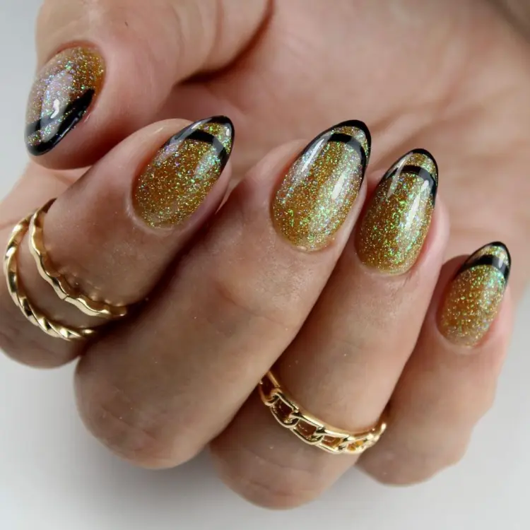 esmalte moderno glitter ouro dupla manicure francesa ideia festiva