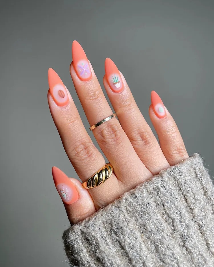 ongles manucure orange pastel peach fuzz pantone beige swirl nails