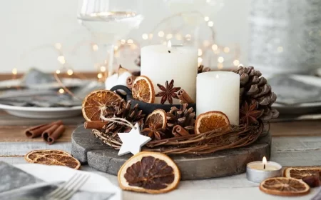 centre de table naturel pour noël déco avec oranges séchées pommes de pin bougies