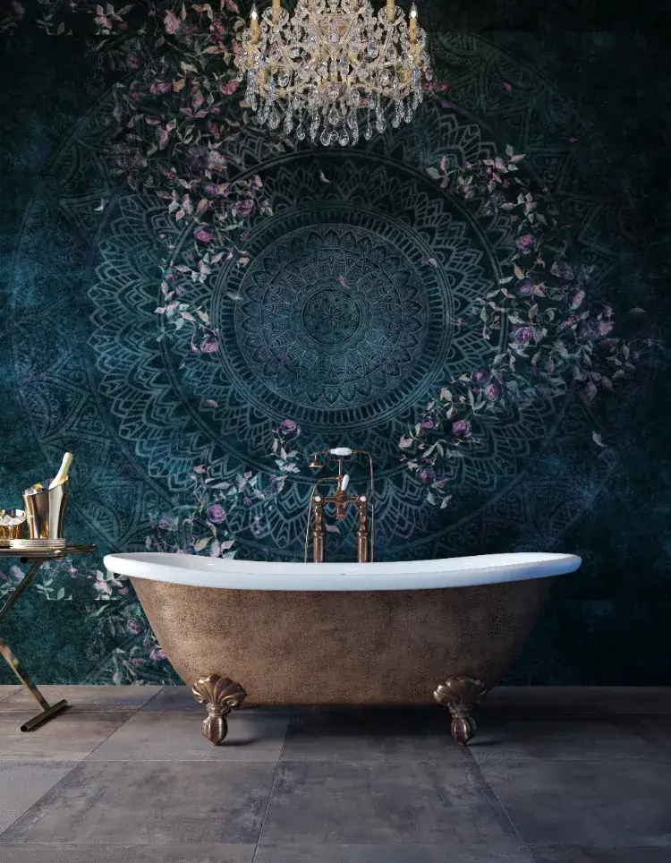papier peint tendance 2024 rosace accents fleuris fond sombre salle de bains bohème