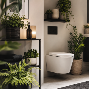 Plantes vertes étagères noires autour wc blanc salle de bain sans fenêtre pièce sombre