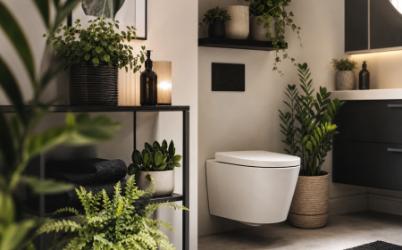 Plantes vertes étagères noires autour wc blanc salle de bain sans fenêtre pièce sombre