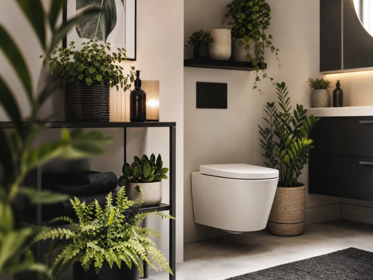 Plantes vertes étagères noires autour wc blanc salle de bain sans fenêtre pièce sombre