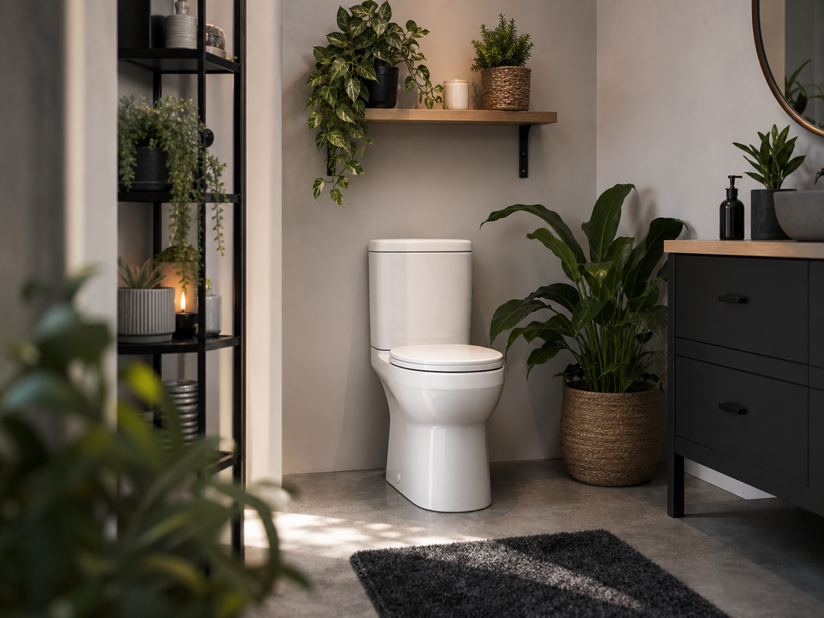 Décoration toilettes plantes vertes étagère métallique noire wc blanc sol gris bois sans fenêtre