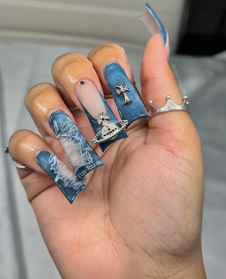 manucure longue denim ongles en gel bleu 2024 nails tendance mode