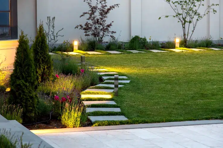 chemin romantique illuminé décoration de jardin avec des pierres