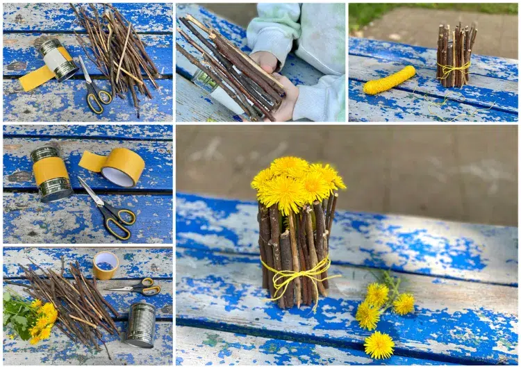 bricolage avec des pissenlits activités manuelles dents de lion loisirs créatifs enfants bouquet vase