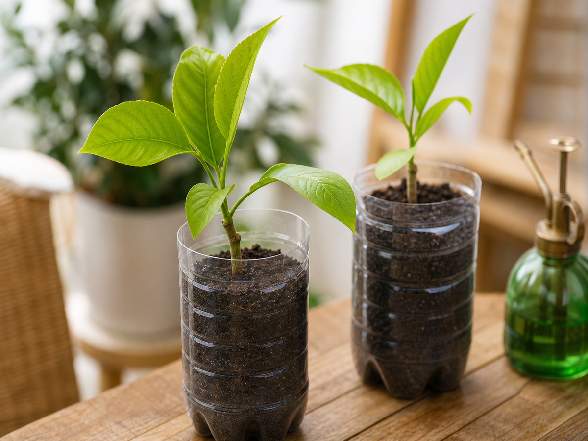 Deux boutures de citronnier plantées dans des pots en plastique recyclé avec terreau sur gazon artificiel