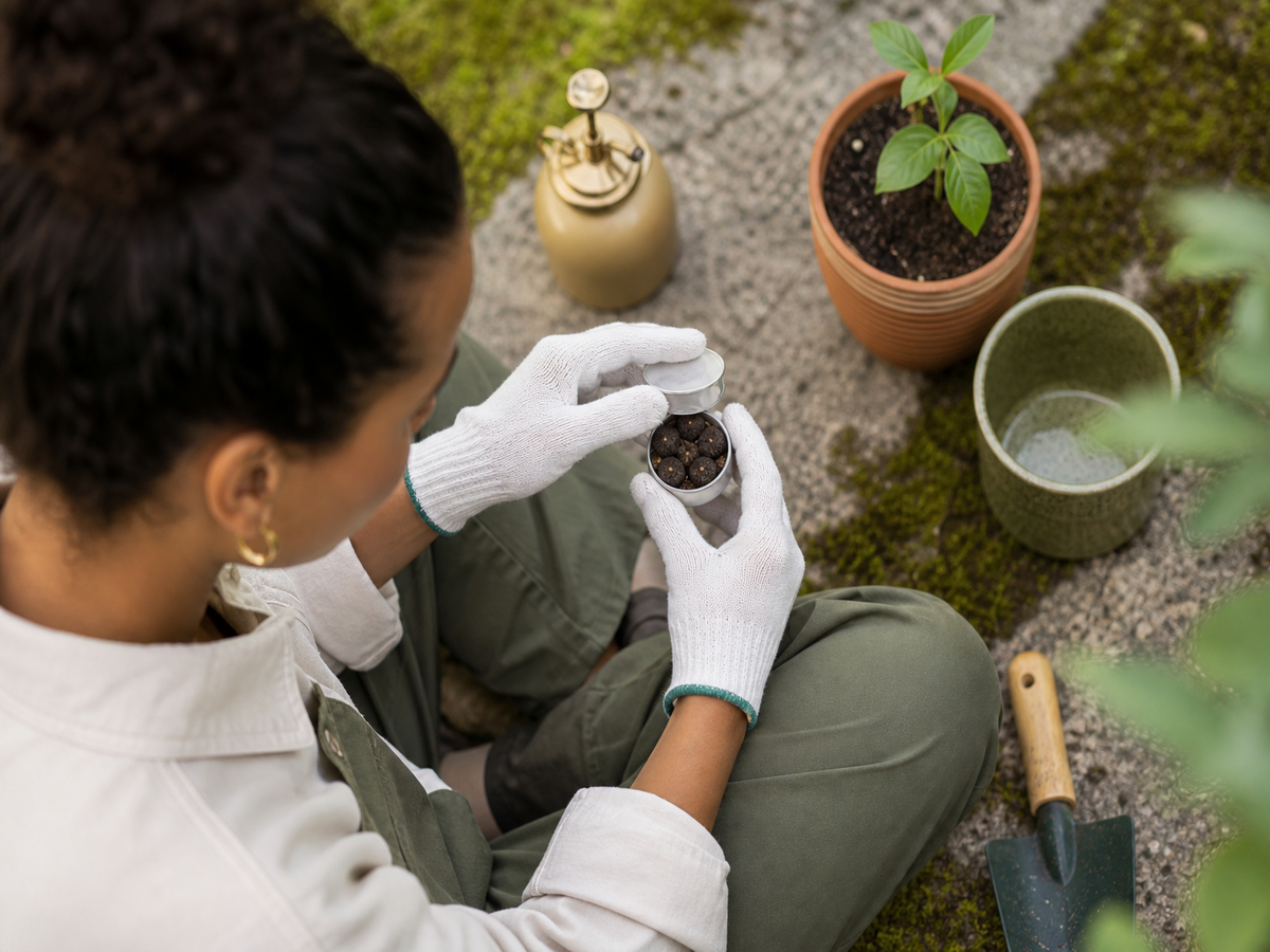 Jardinage avec gants blancs pour semer des graines de laurier-rose en pot