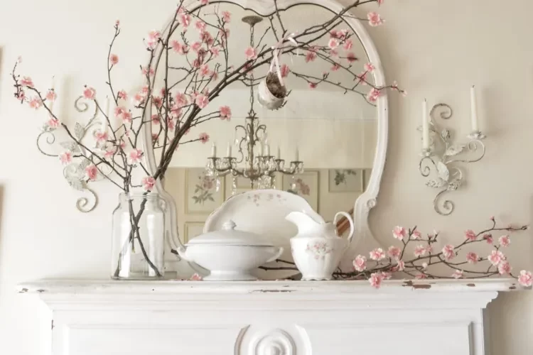 décoration avec des branches d'arbres fleuries manteau de cheminée shabby chic