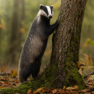 Blaireau européen debout contre un tronc de bouleau en forêt d'automne sous la pluie