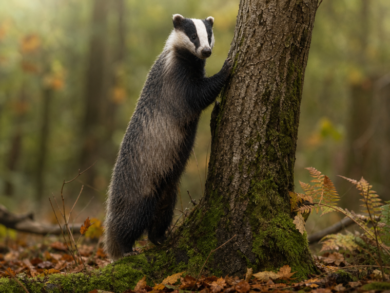 Blaireau européen debout contre un tronc de bouleau en forêt d'automne sous la pluie