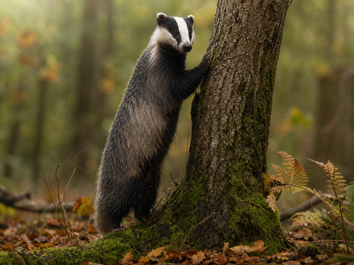Blaireau européen debout contre un tronc de bouleau en forêt d'automne sous la pluie