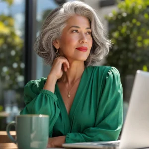 coiffure pour mariage femme 60 ans cheveux gris carré raie de cote volume