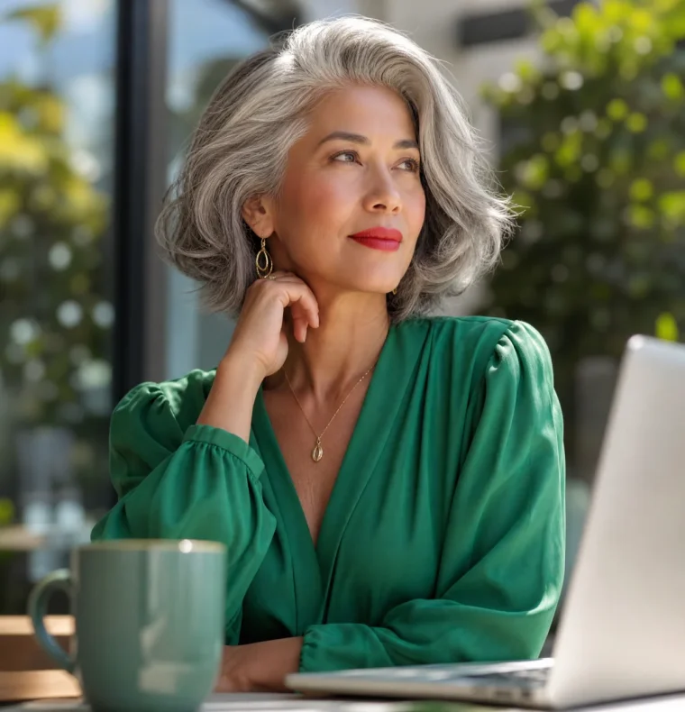 coiffure pour mariage femme 60 ans cheveux gris carré raie de cote volume