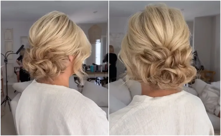 coiffure pour mariage femme 60 ans cheveux mi long chignon bas décoiffé